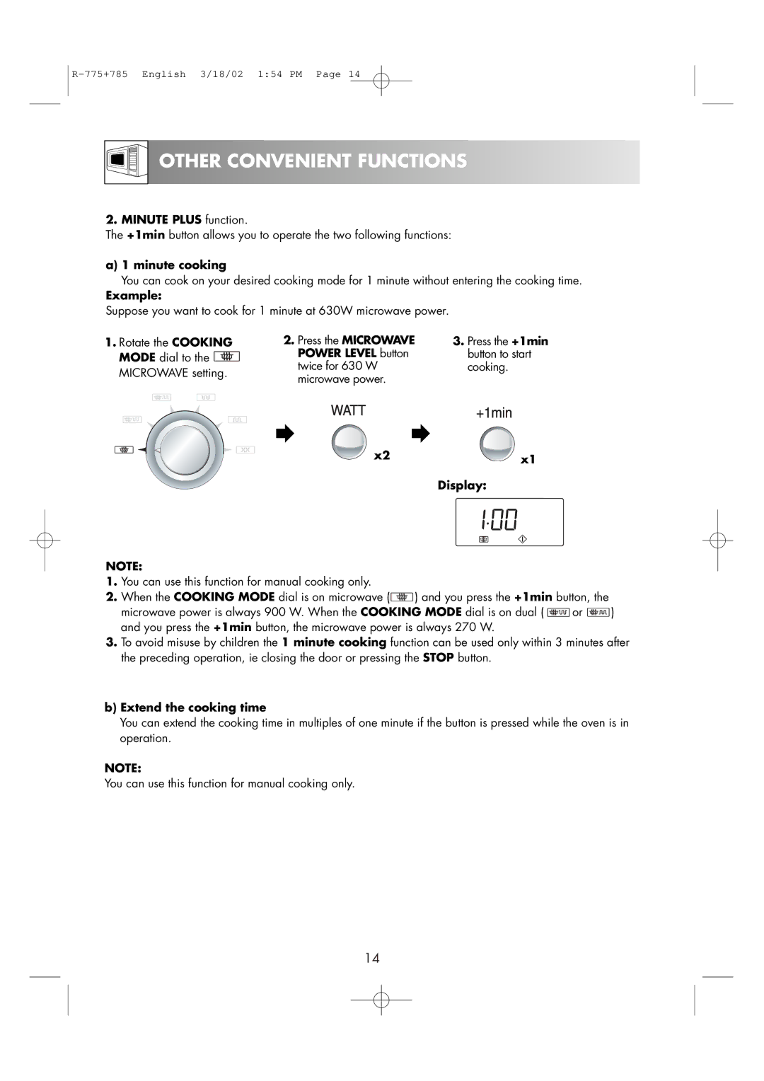 Sharp R-775, R-785 operation manual Minute Plus function, Minute cooking, Extend the cooking time 