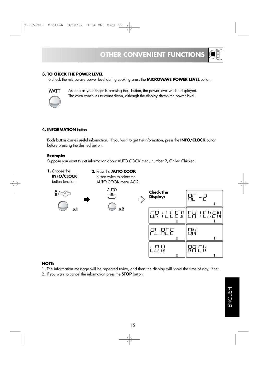 Sharp R-785, R-775 operation manual To Check the Power Level, Information button, Check Display X1x2 