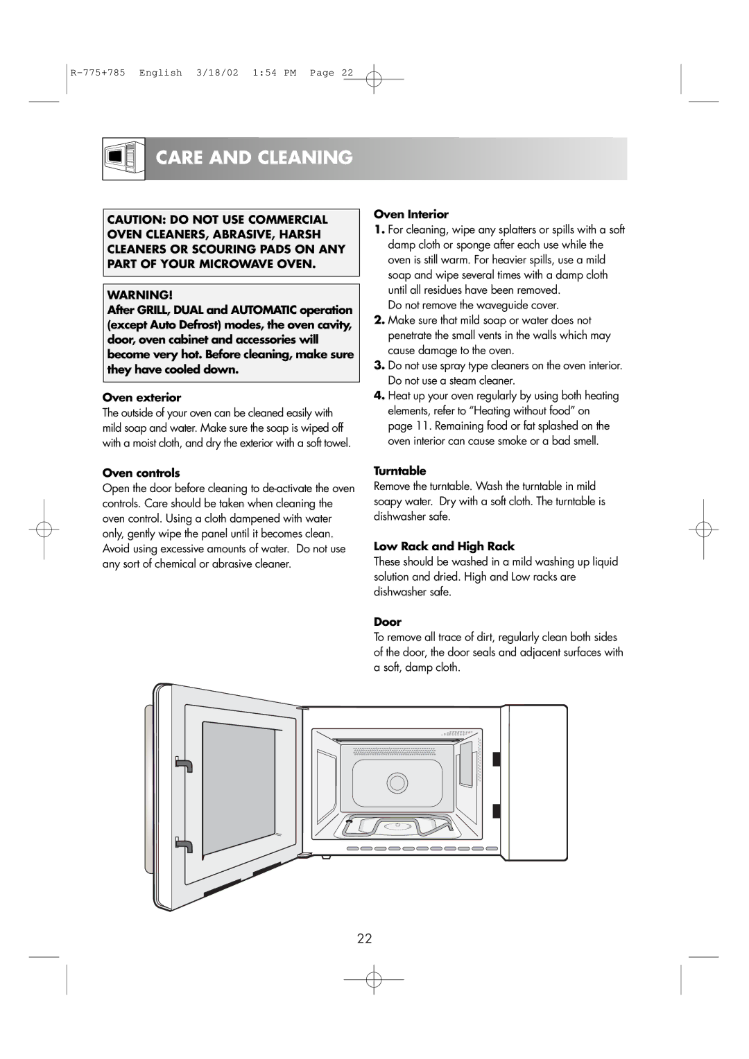 Sharp R-775, R-785 operation manual Care and Cleaning, Oven controls, Oven Interior, Low Rack and High Rack, Door 