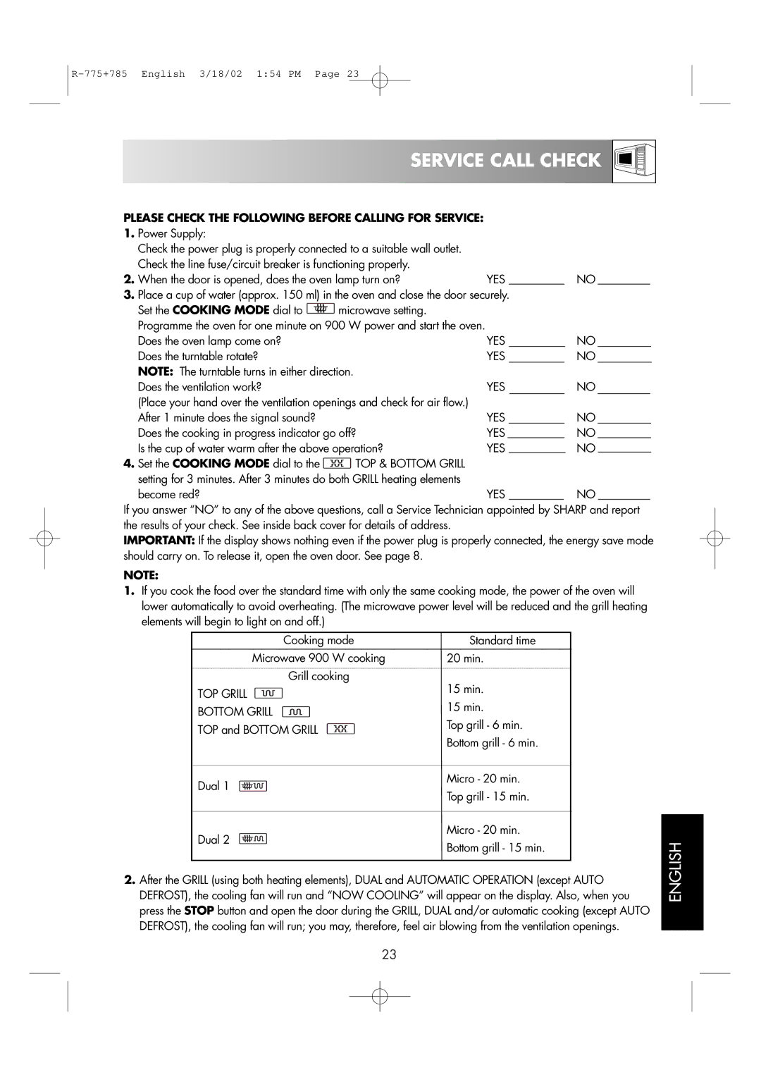 Sharp R-785, R-775 operation manual Service Call Check, Please Check the Following Before Calling for Service 