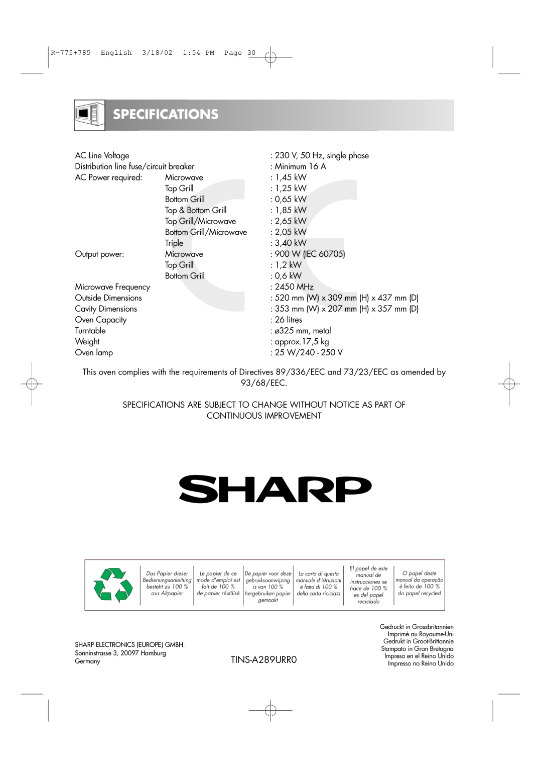 Sharp R-775, R-785 operation manual Specifications, TINS-A289URR0 