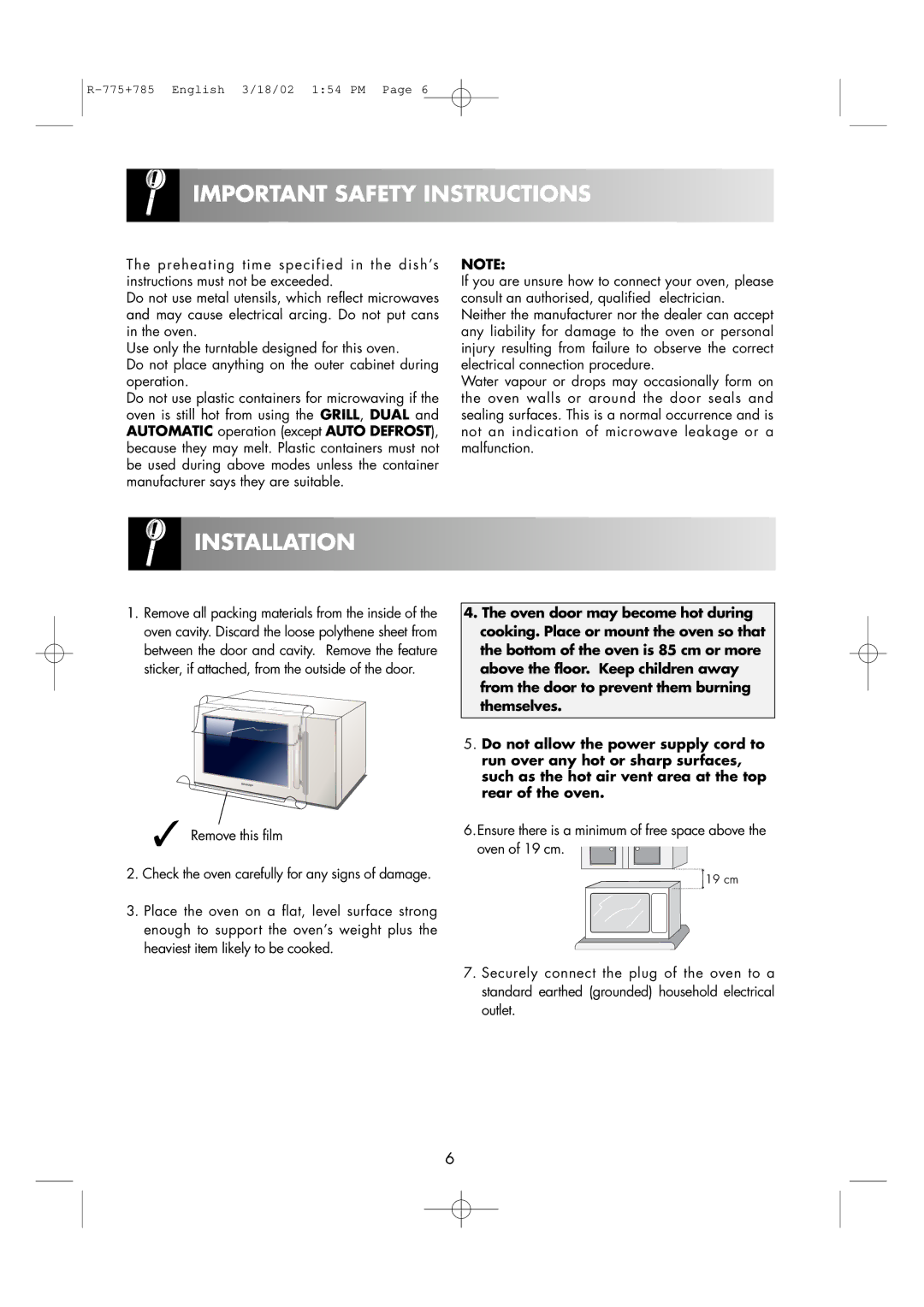 Sharp R-775, R-785 operation manual Installation 