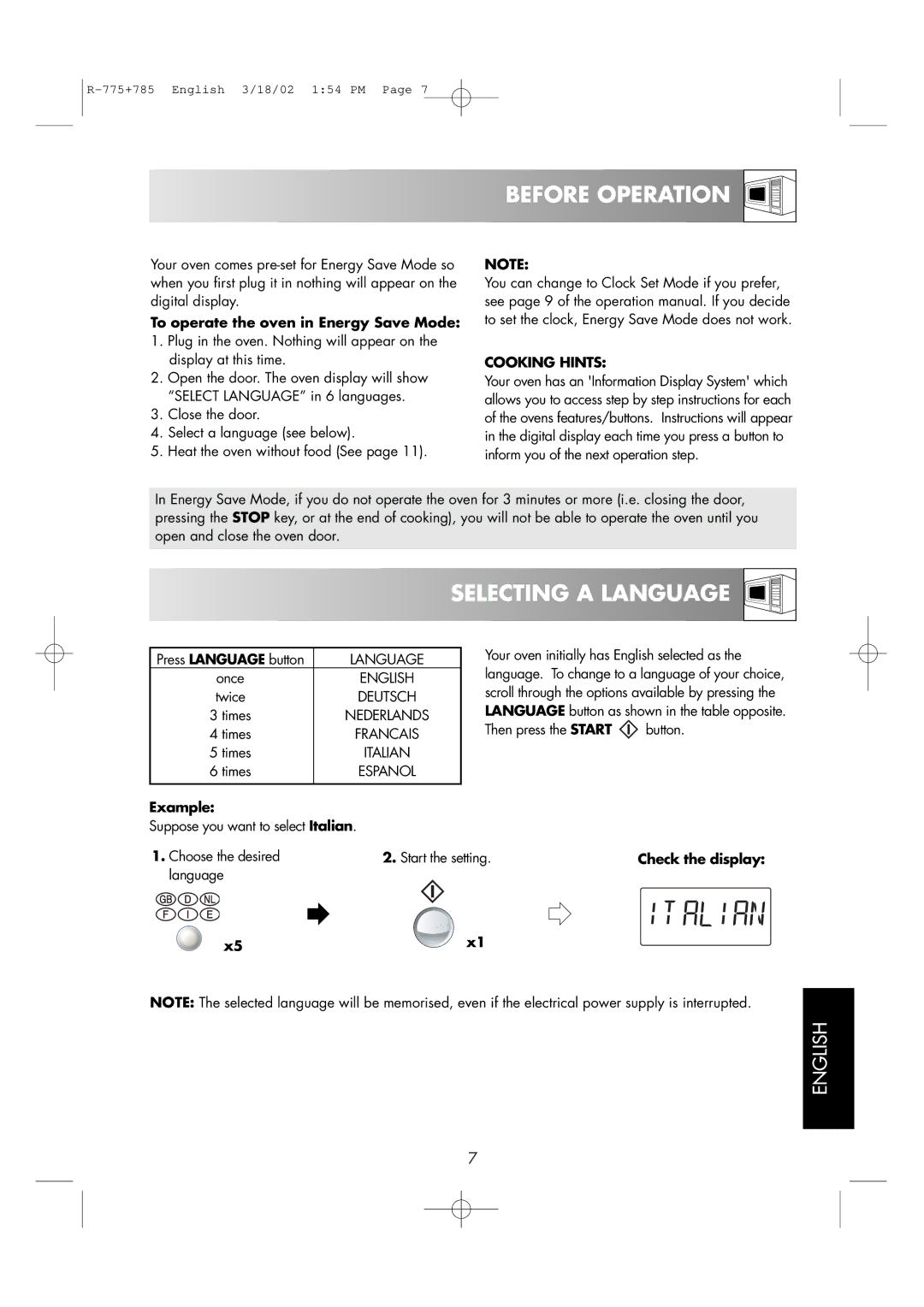 Sharp R-785, R-775 Before Operation, Selecting a Language, To operate the oven in Energy Save Mode, Cooking Hints, Example 