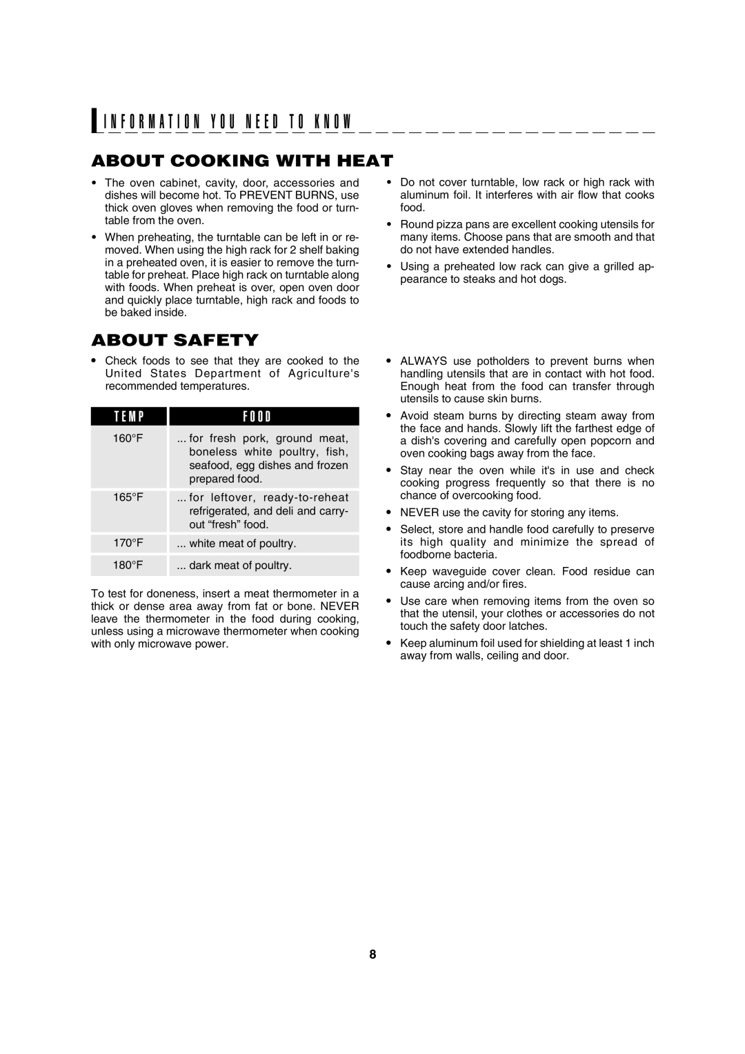 Sharp R-8000G operation manual About Cooking with Heat, About Safety 