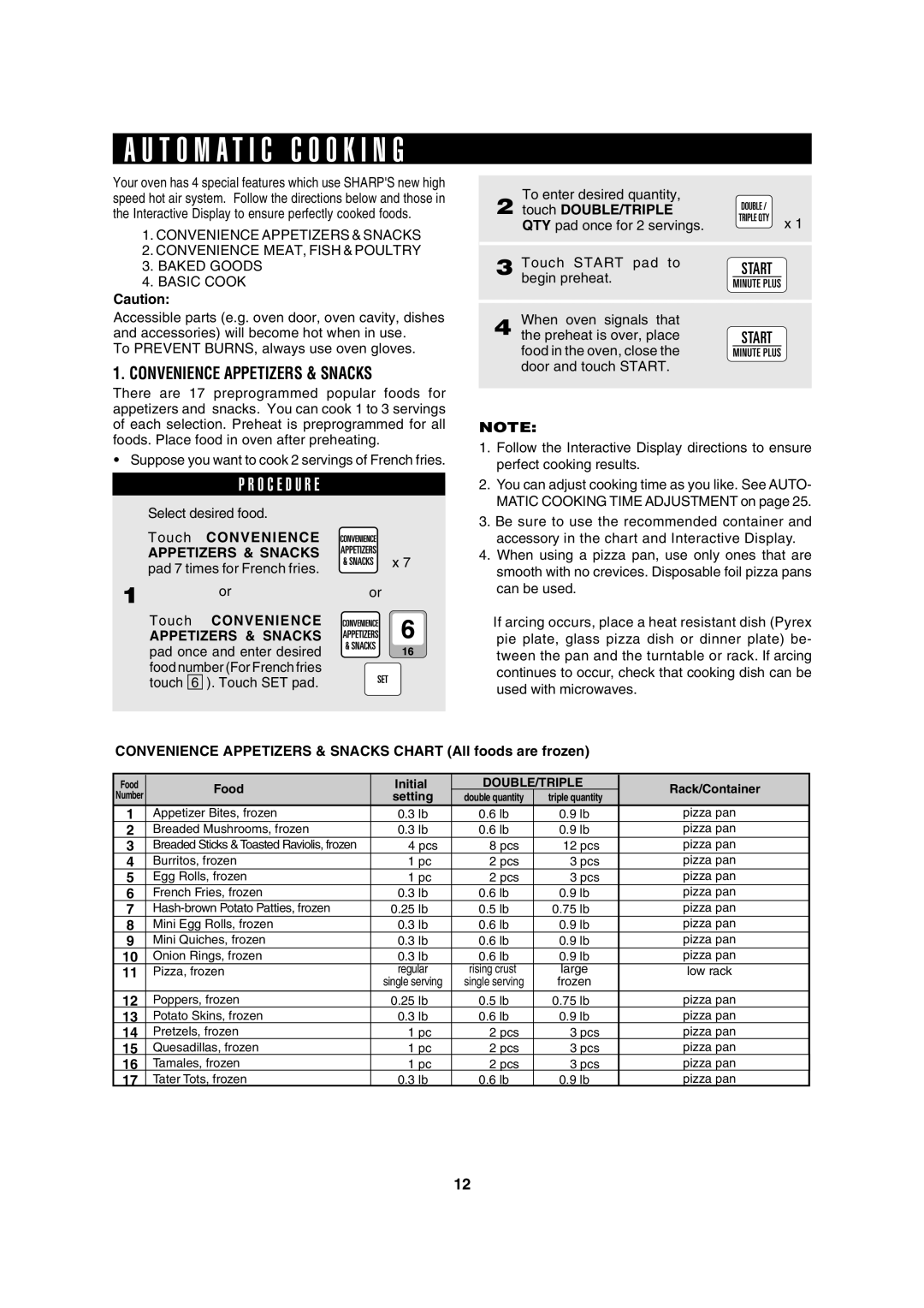 Sharp R-8000G operation manual Convenience Appetizers & Snacks, Touch DOUBLE/TRIPLE 