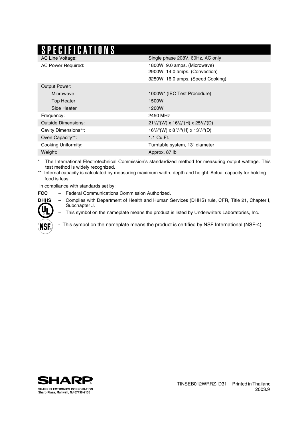 Sharp R-8000G operation manual Specification S, Dhhs 