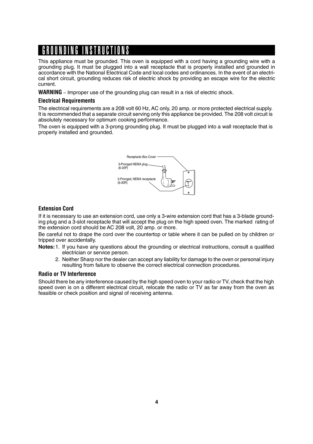 Sharp R-8000G operation manual O U N D I N G I N S T R U C T I O N S, Electrical Requirements 