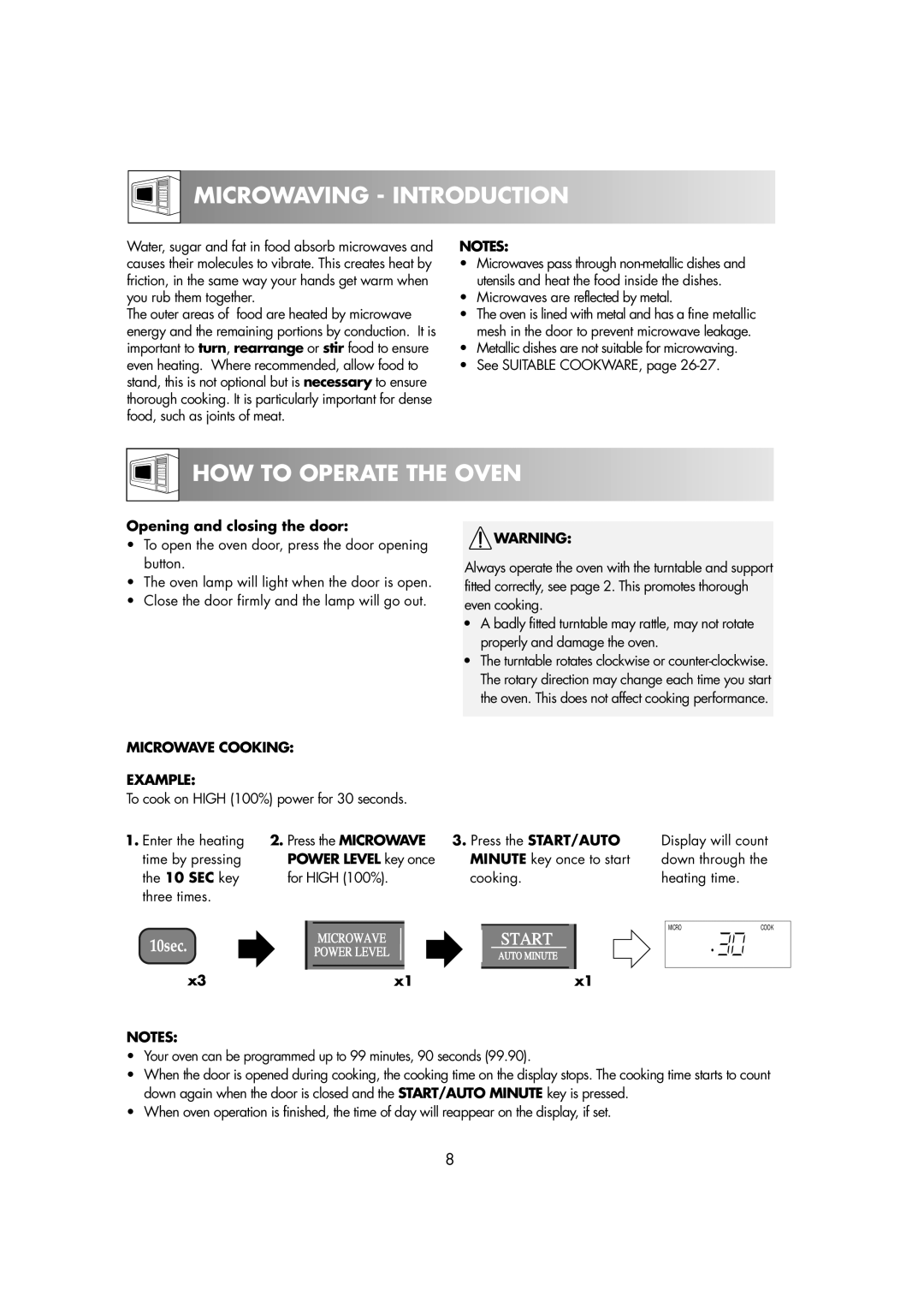 Sharp R-82STM Microwaving Introduction, Opening and closing the door, Microwave Cooking Example, Power Level key once 