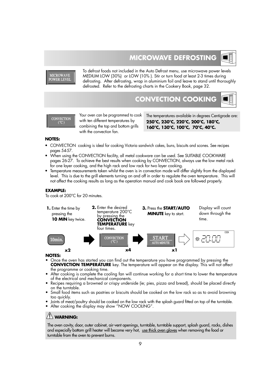 Sharp R-82STM manual Microwave Defrosting, Convection Cooking, 250C, 230C, 220C, 200C, 180C, 160C, 130C, 100C, 70C, 40C 