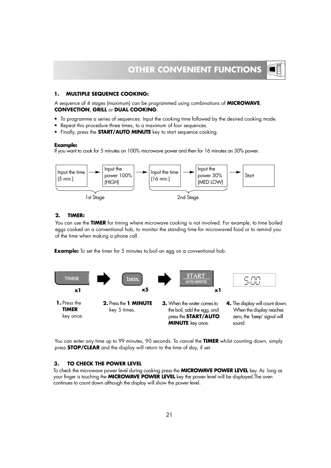 Sharp R-82STM manual Other Convenient Functions, Multiple Sequence Cooking, Timer, To Check the Power Level 