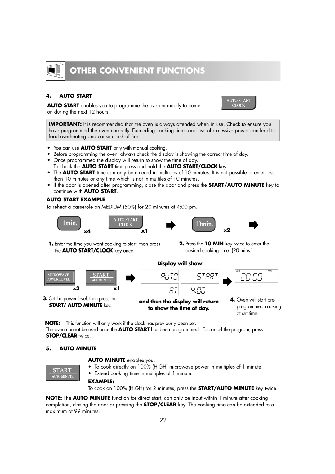 Sharp R-82STM manual Auto Start Example, Auto Minute 