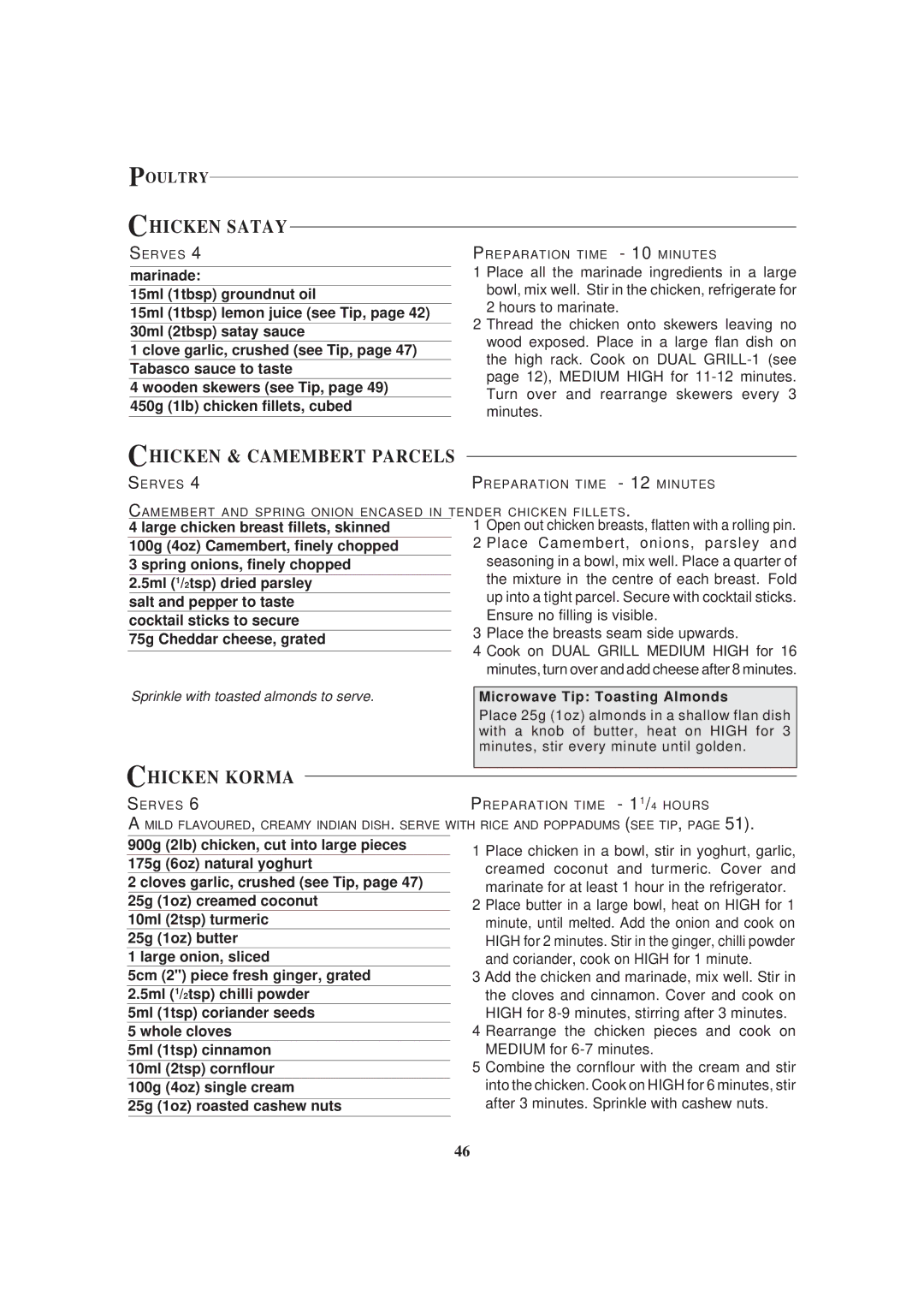 Sharp R-82STM manual Chicken Satay, Chicken & Camembert Parcels, Chicken Korma, Poultry 