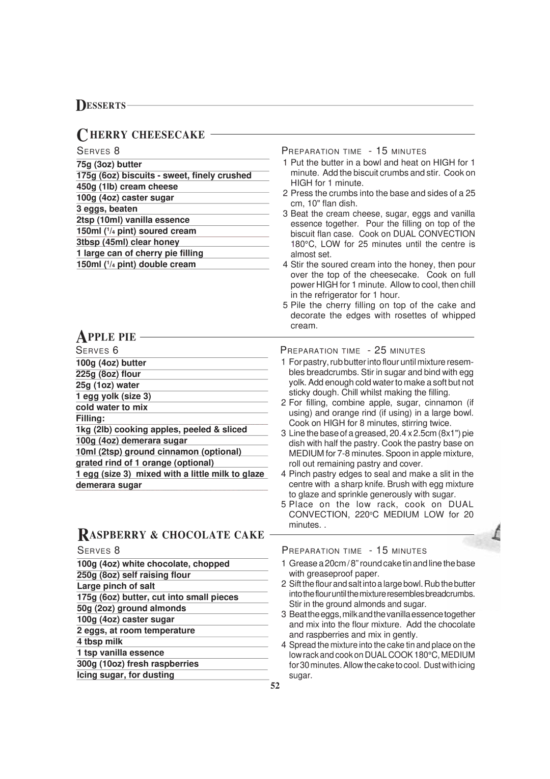 Sharp R-82STM manual Cherry Cheesecake, Apple PIE, Raspberry & Chocolate Cake, Desserts 