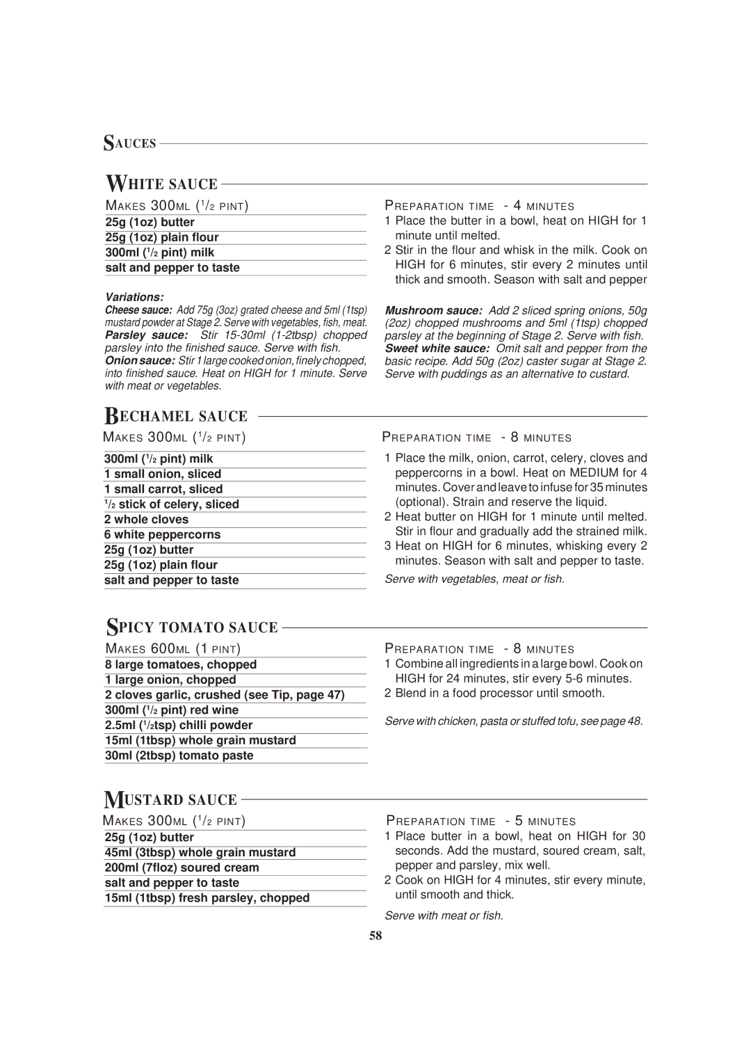 Sharp R-82STM manual White Sauce, Bechamel Sauce, Spicy Tomato Sauce, Mustard Sauce, Sauces 