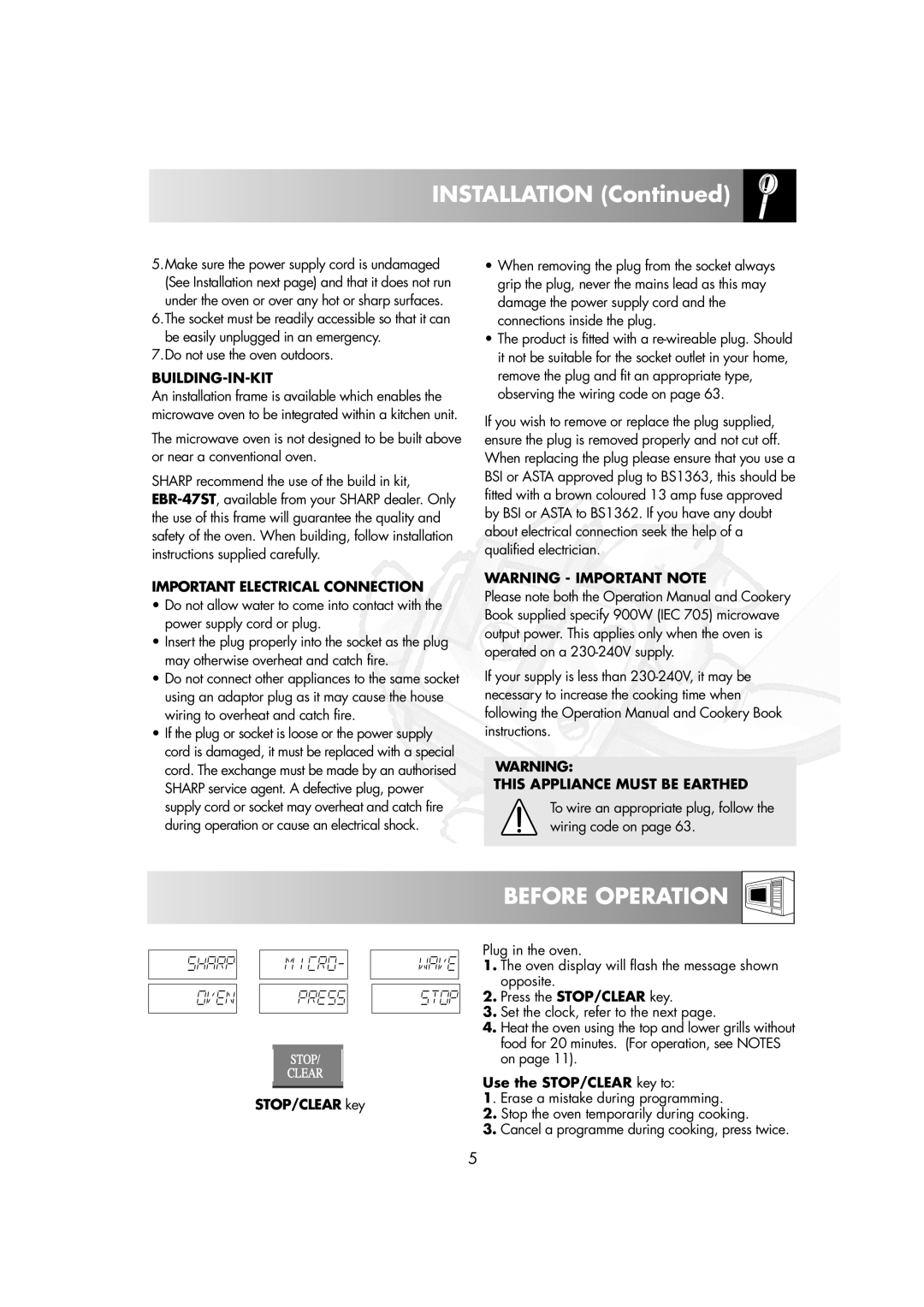 Sharp R-82STM Building-In-Kit, Important Electrical Connection, This Appliance Must be Earthed, Press the STOP/CLEAR key 