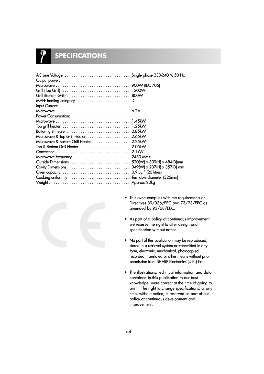 Sharp R-82STM manual Specifications, As part of a policy of continuous improvement 