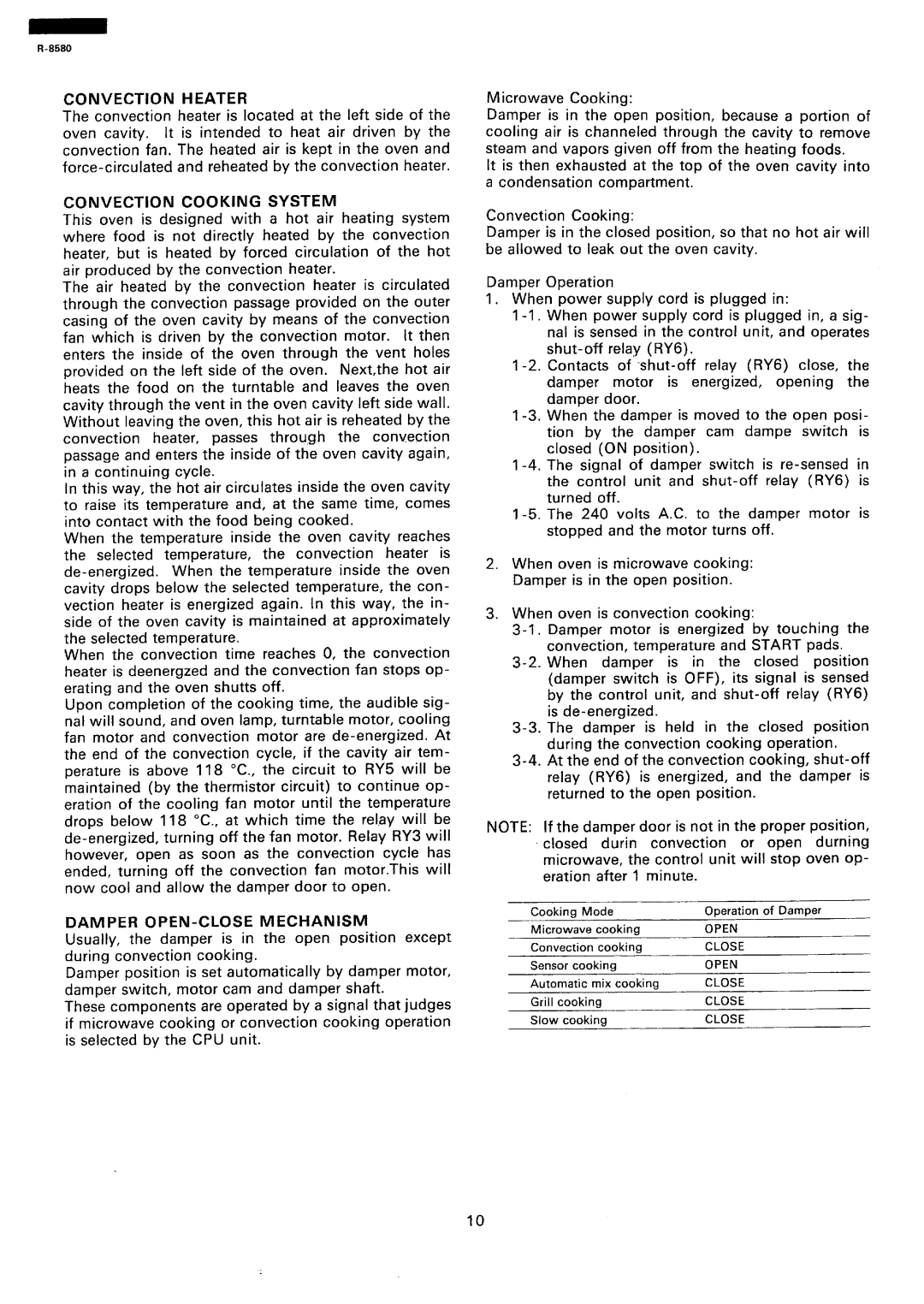Sharp r-8580 manual Convection Heater, Convection Cooking System, Damper OPEN-CLOSE Mechanism 