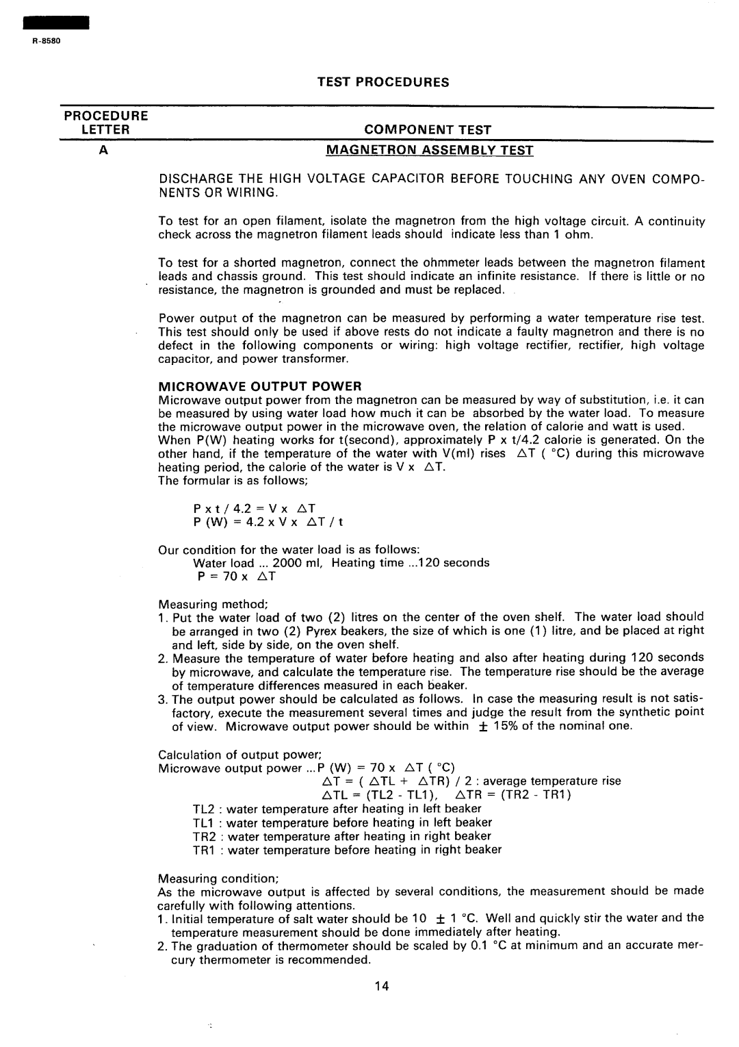 Sharp r-8580 manual Test Procedures Letter Component Magnetron Assembly Test, Microwave Output Power 