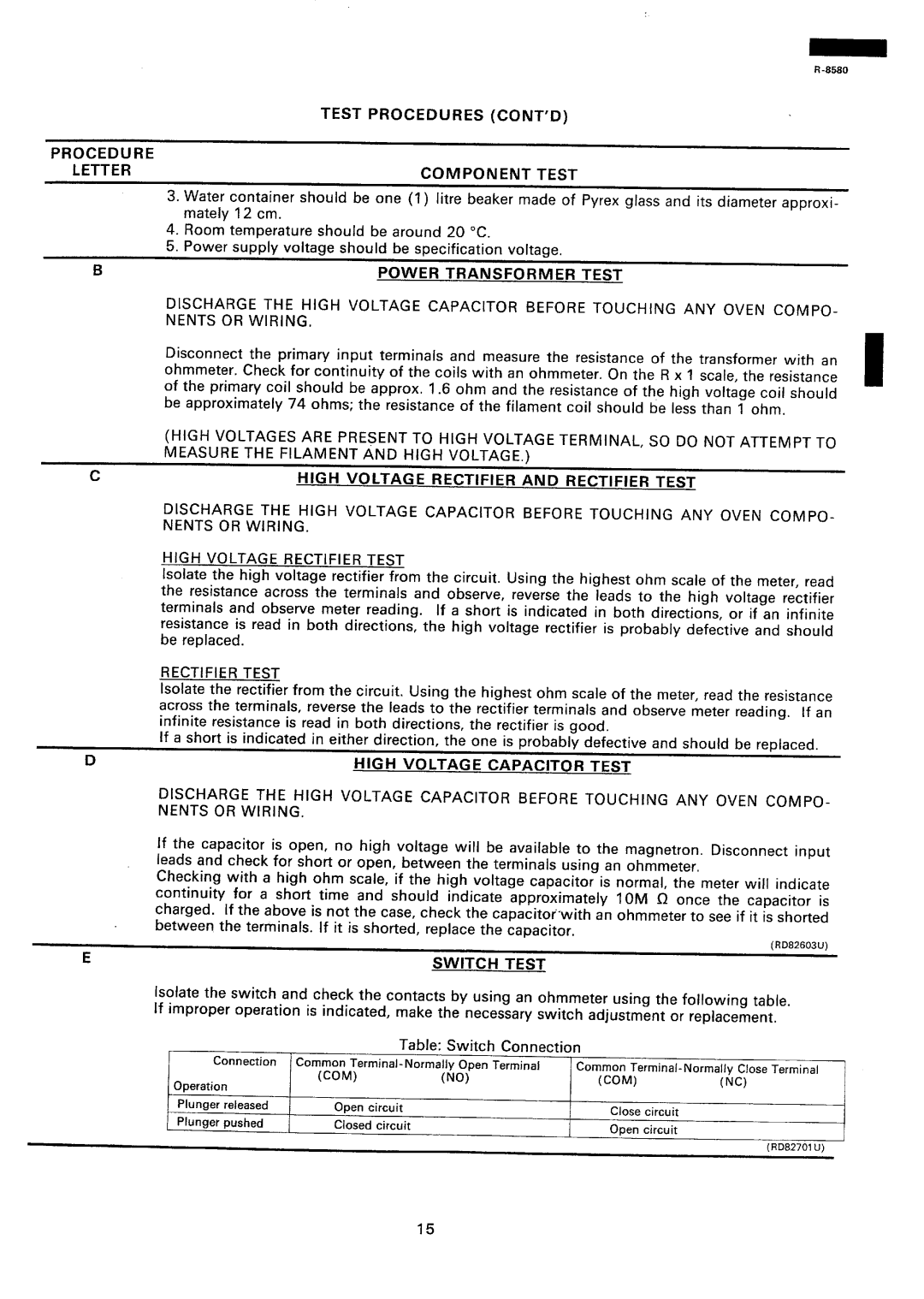 Sharp r-8580 Procedure Letter Test Procedures CONT’D Component Test, Power Transformer Test, High Voltage Capacitor Test 