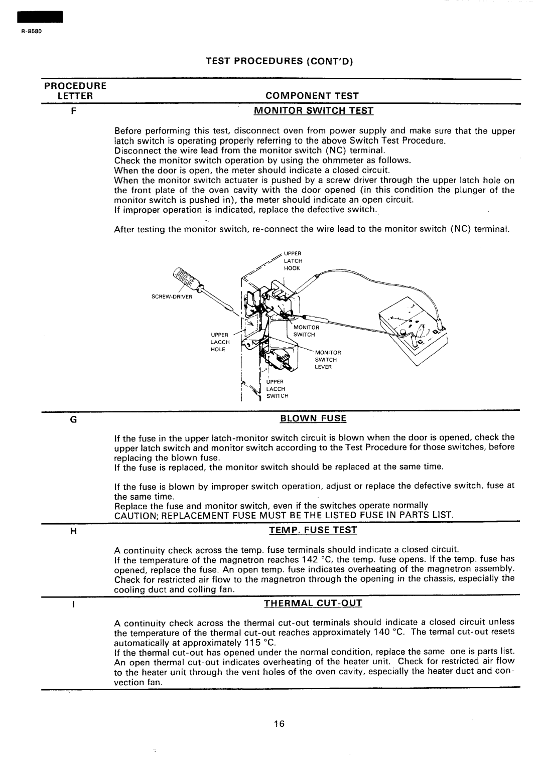 Sharp r-8580 Test Procedures CONT’D Letter Component Monitor Switch Test, Blown Fuse, TEMP. Fuse Test, Thermal CUT-OUT 