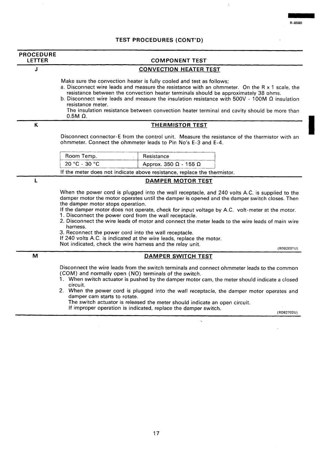 Sharp r-8580 manual Procedure Letter, Thermistor Test, Damper Motor Test, Damper Switch Test 