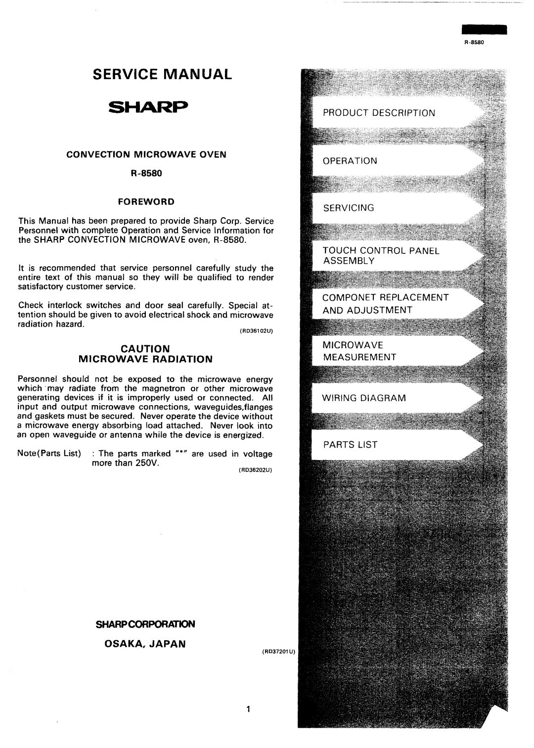 Sharp r-8580 manual Microwave Radiation, Sharpcorporatkn OSAKA, Japan, Convection Microwave Oven, Foreword 