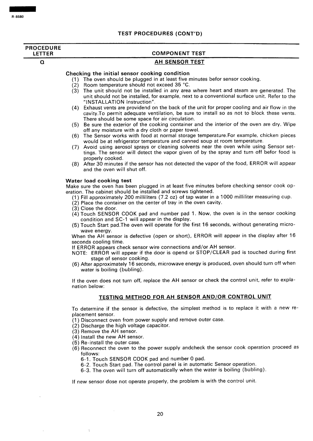 Sharp r-8580 manual Checking the initial sensor cooking condition, Water load cooking test 