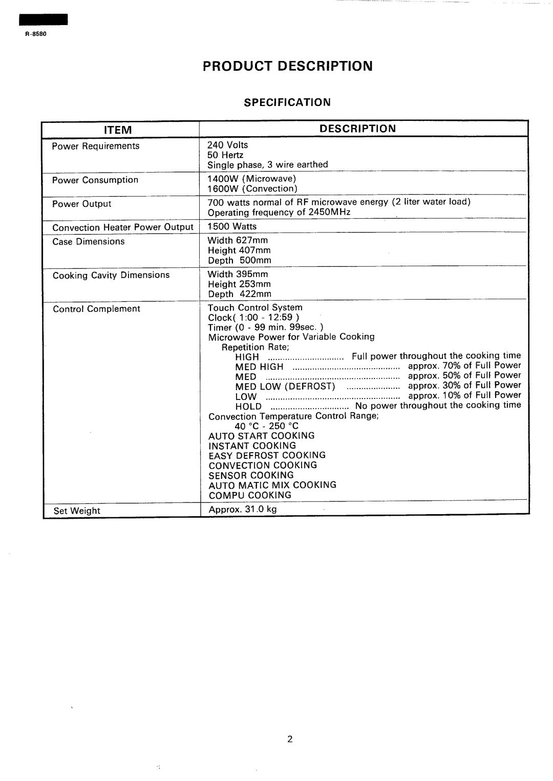 Sharp r-8580 manual Product Description, Specification 