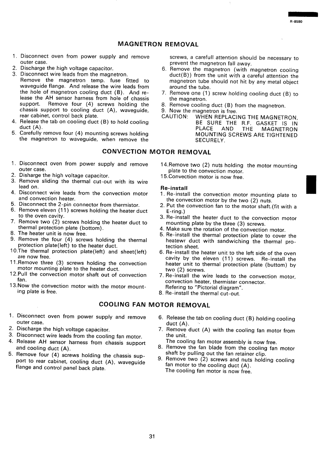 Sharp r-8580 manual Magnetron Removal, Convection Motor Removal, Cooling FAN Motor Removal 