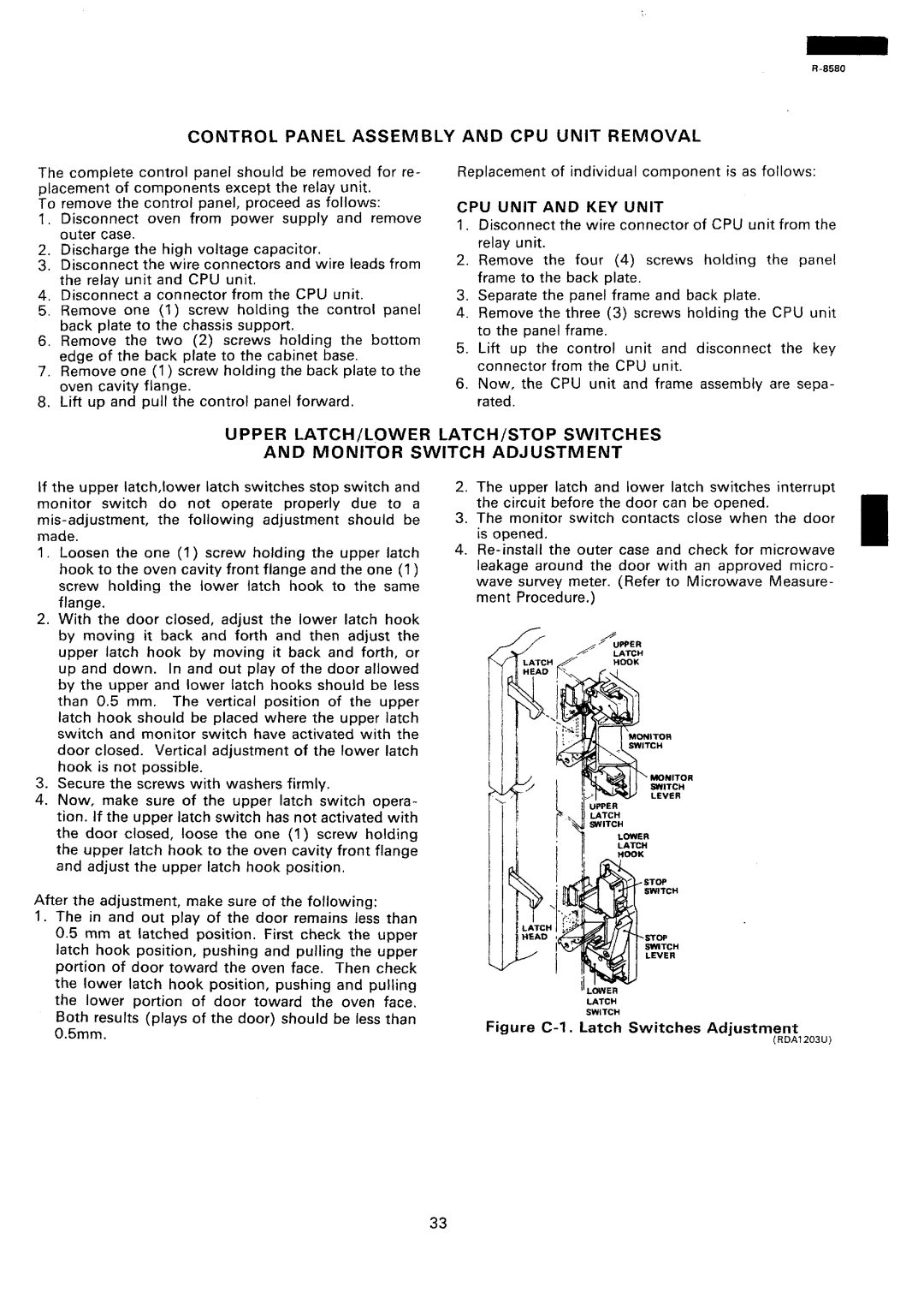 Sharp r-8580 manual Control Panel Assembly and CPU Unit Removal, CPU Unit and KEY Unit 