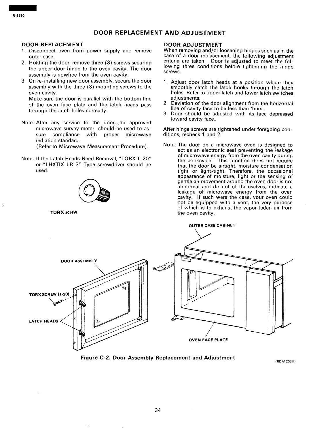 Sharp r-8580 manual Door Replacement and Adjustment, Door Adjustment 