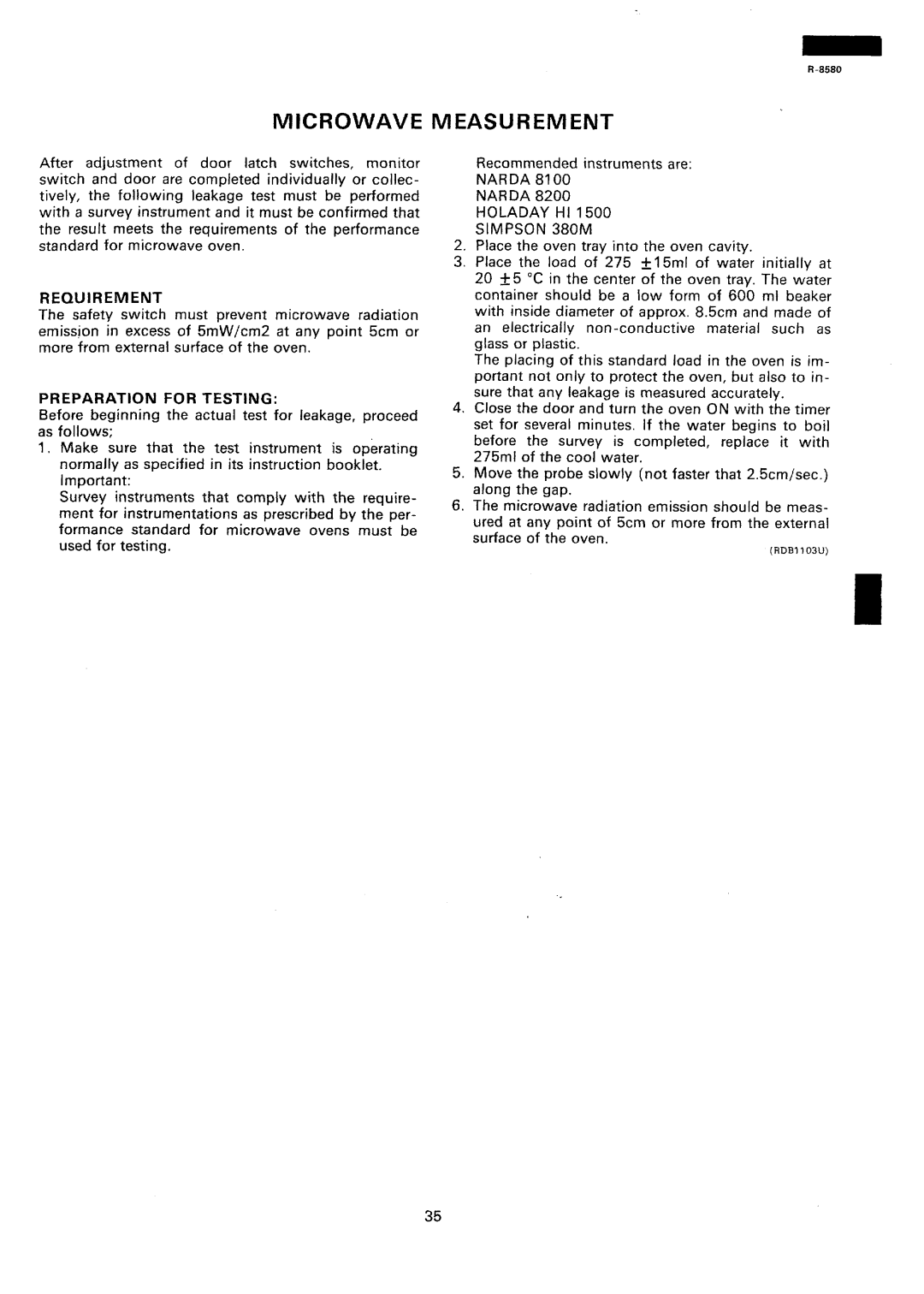 Sharp r-8580 manual Microwave Measurement, Requirement, Preparation for Testing 