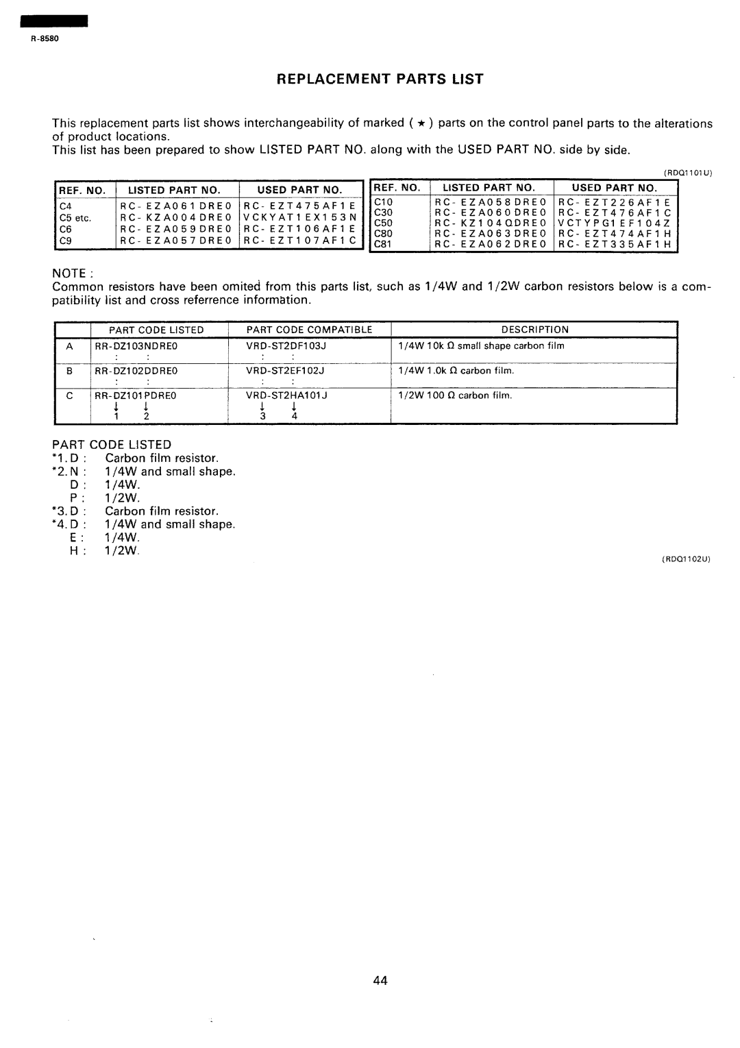 Sharp r-8580 manual Replacement Parts List 