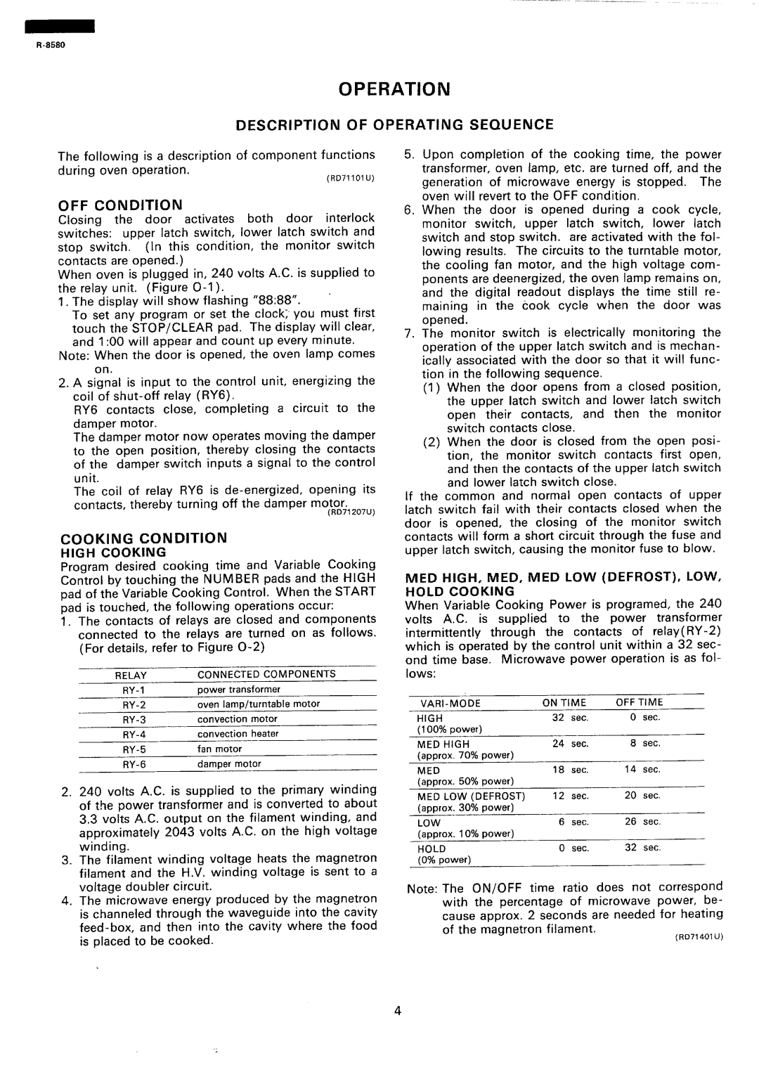 Sharp r-8580 manual Operation, Description of Operating Sequence, OFF Condition, Cooking Condition 