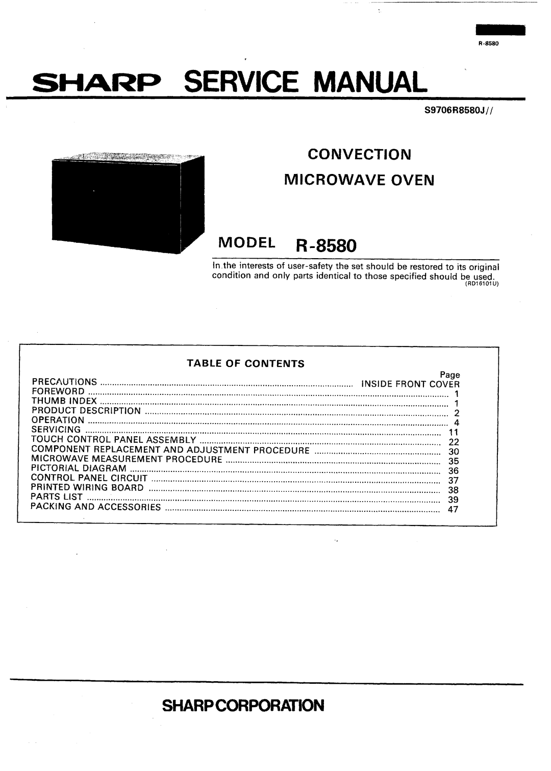 Sharp r-8580 manual Service Manual, Sharpcorporation, Convection Microwave Oven, Tame Of, Contents 