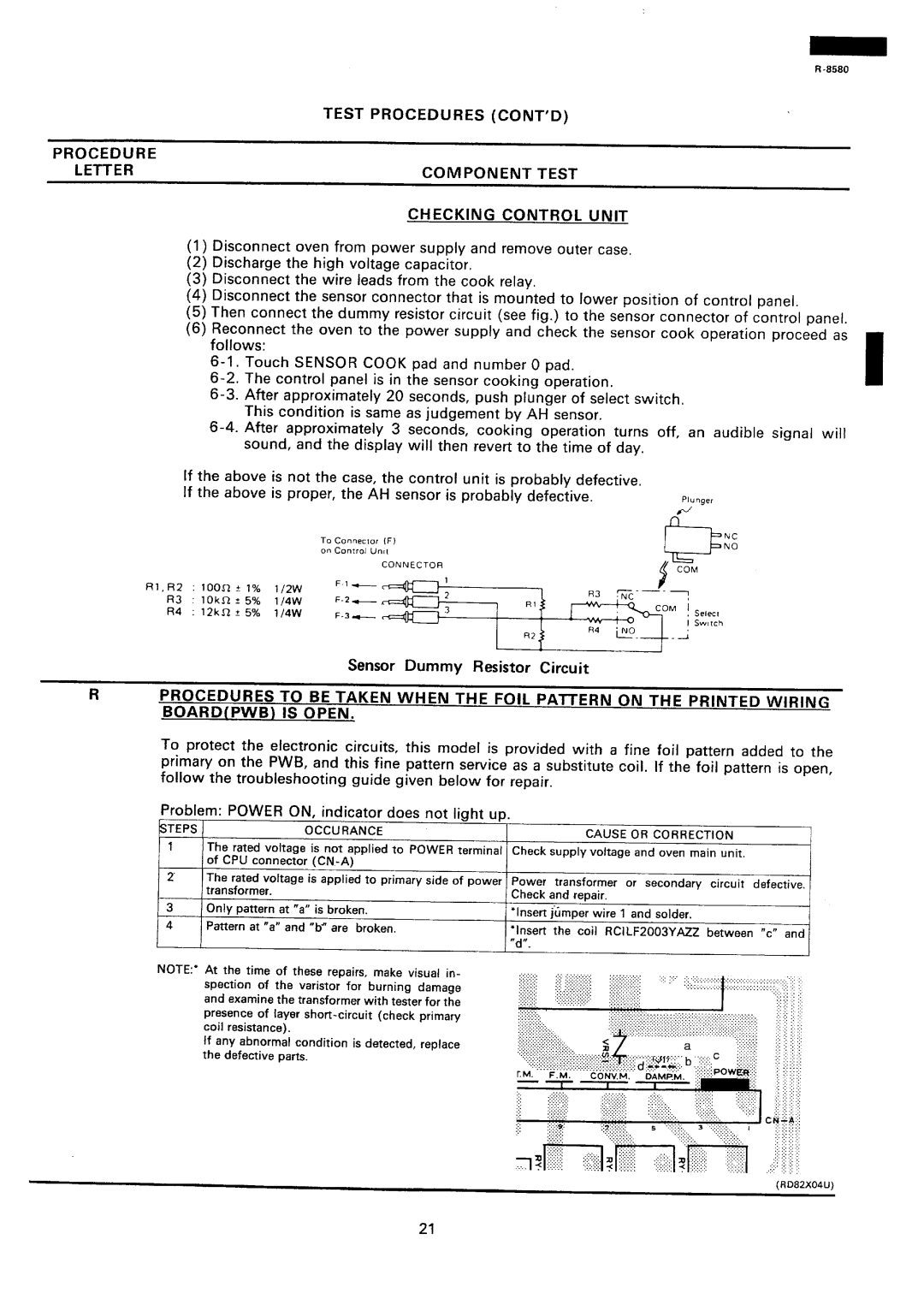 Sharp r-8580 manual Test Procedures Cont’D, Letter, Component, Checking Control Unit, Sensor Dummy Resistor Circuit 