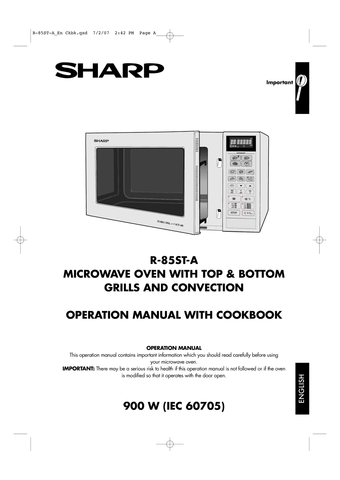 Sharp R-85ST-A operation manual Microwave Oven with TOP & Bottom Grills and Convection 