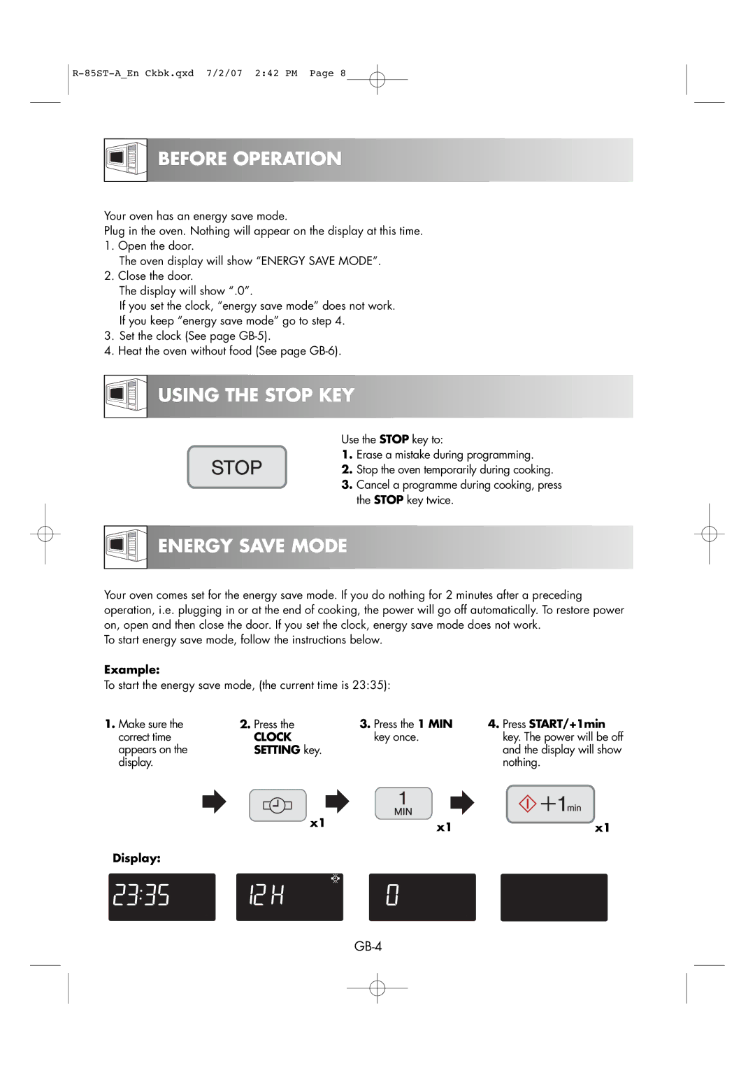 Sharp R-85ST-A operation manual Before Operation, Using the Stop KEY, Energy Save Mode, Clock 