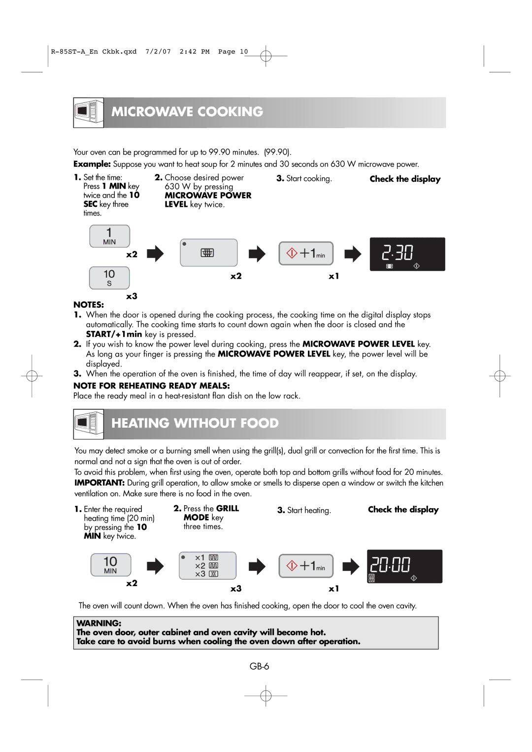 Sharp R-85ST-A Microwave Cooking, Heating Without Food, Microwave Power, SEC key three Level key twice Times 