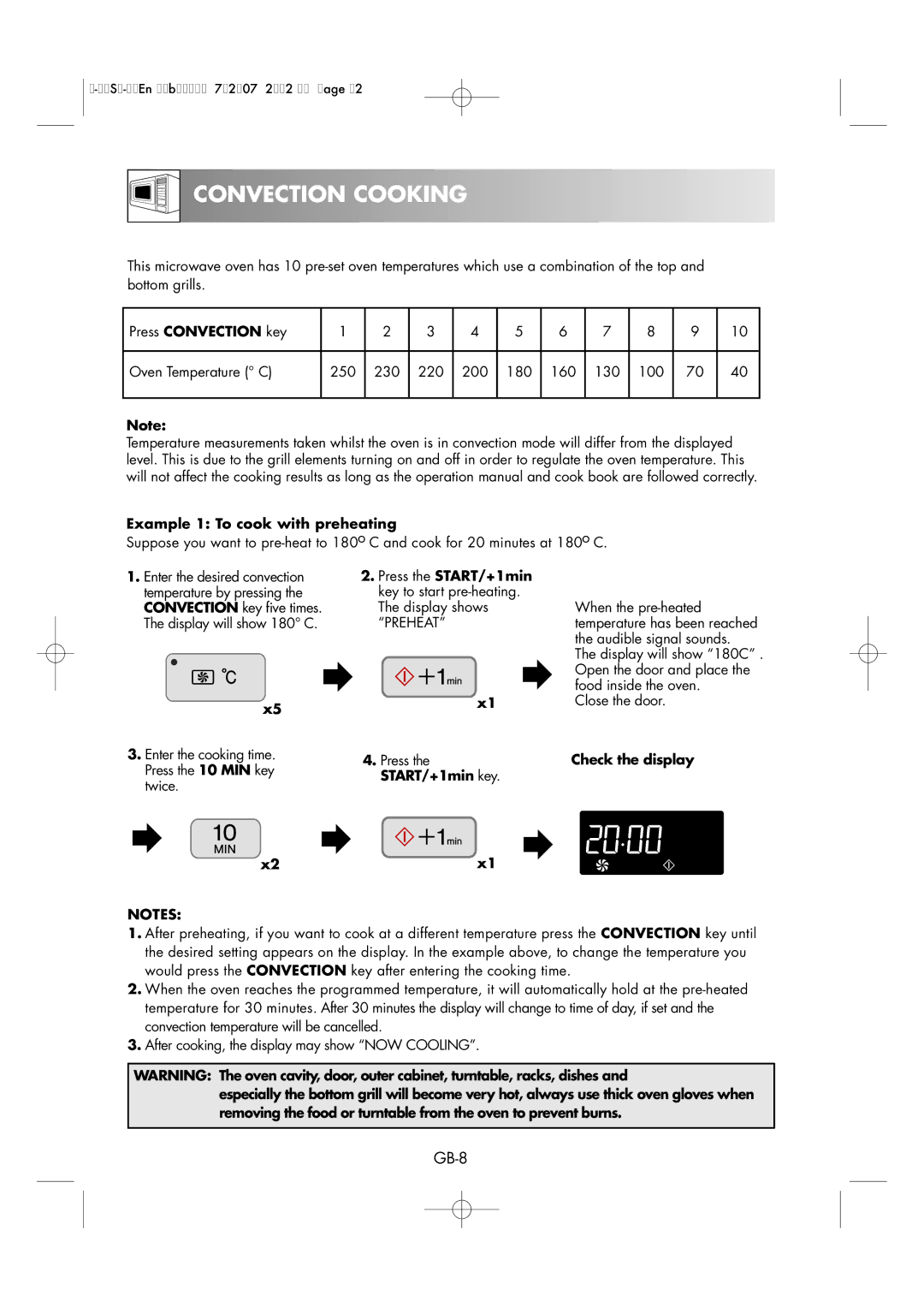 Sharp R-85ST-A operation manual Convection Cooking, Press Convection key, Example 1 To cook with preheating 