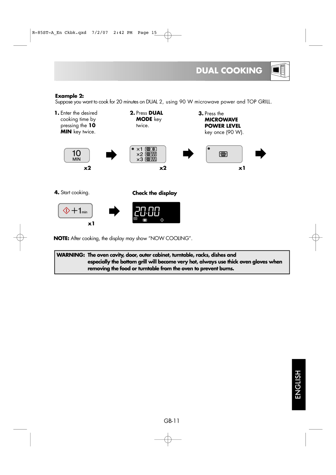 Sharp R-85ST-A operation manual Enter the desired Press Dual Cooking time by Mode key, Pressing Twice, Power Level 