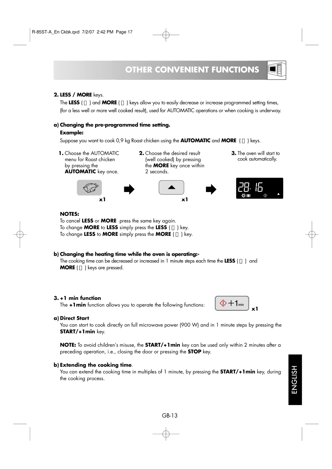 Sharp R-85ST-A Less / More keys, Changing the pre-programmed time setting. Example, X1x1, +1 min function, Direct Start 