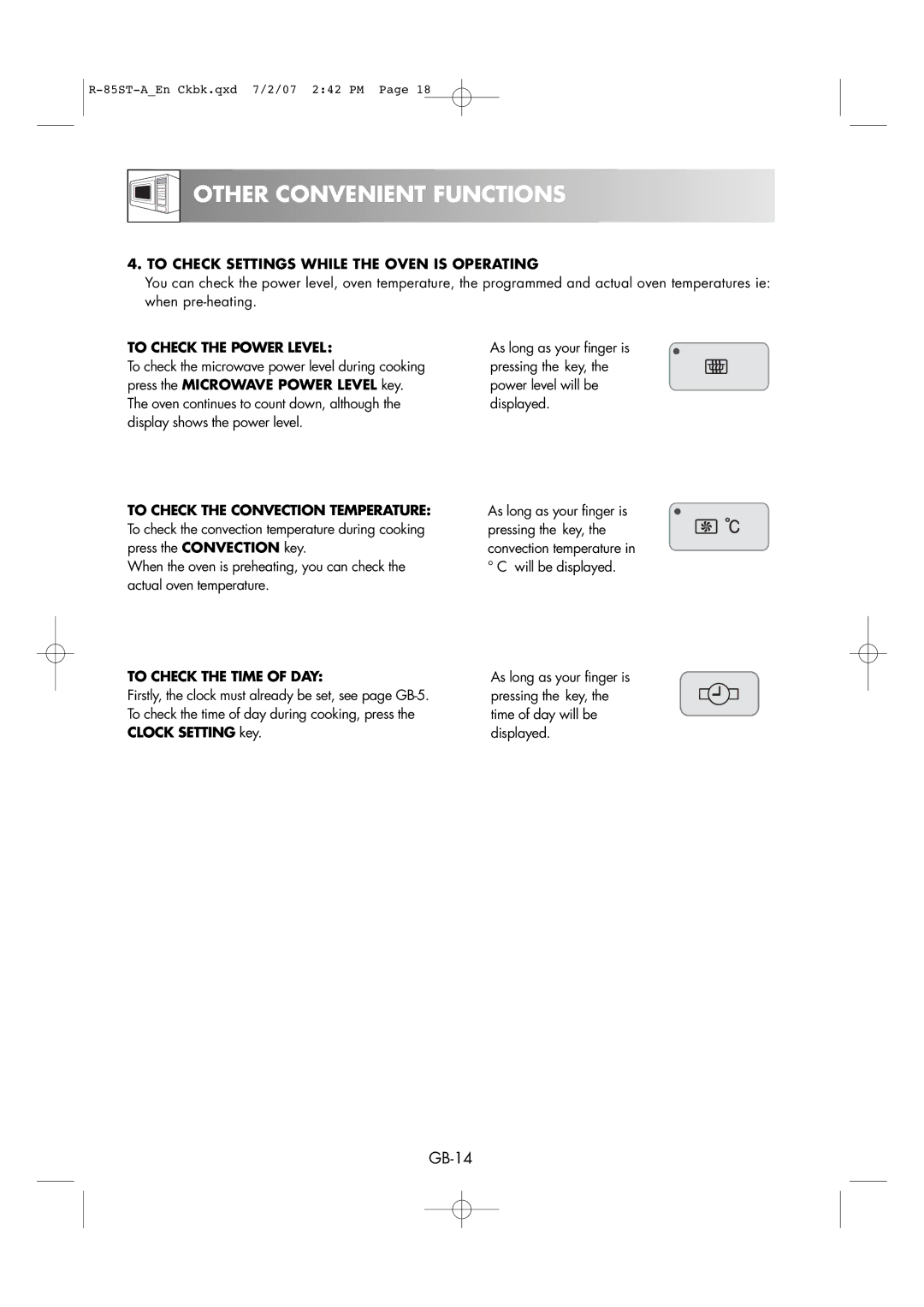 Sharp R-85ST-A To Check Settings While the Oven is Operating, To Check the Power Level, To Check the Time of DAY 