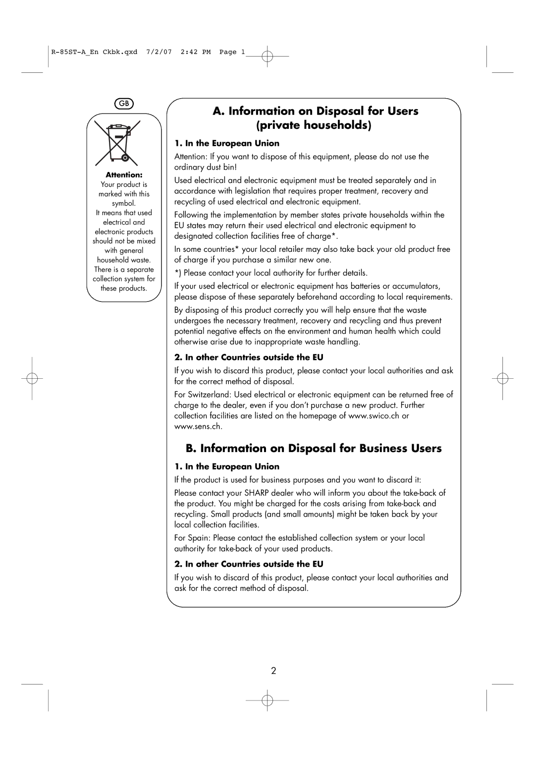 Sharp R-85ST-A operation manual European Union, Other Countries outside the EU 