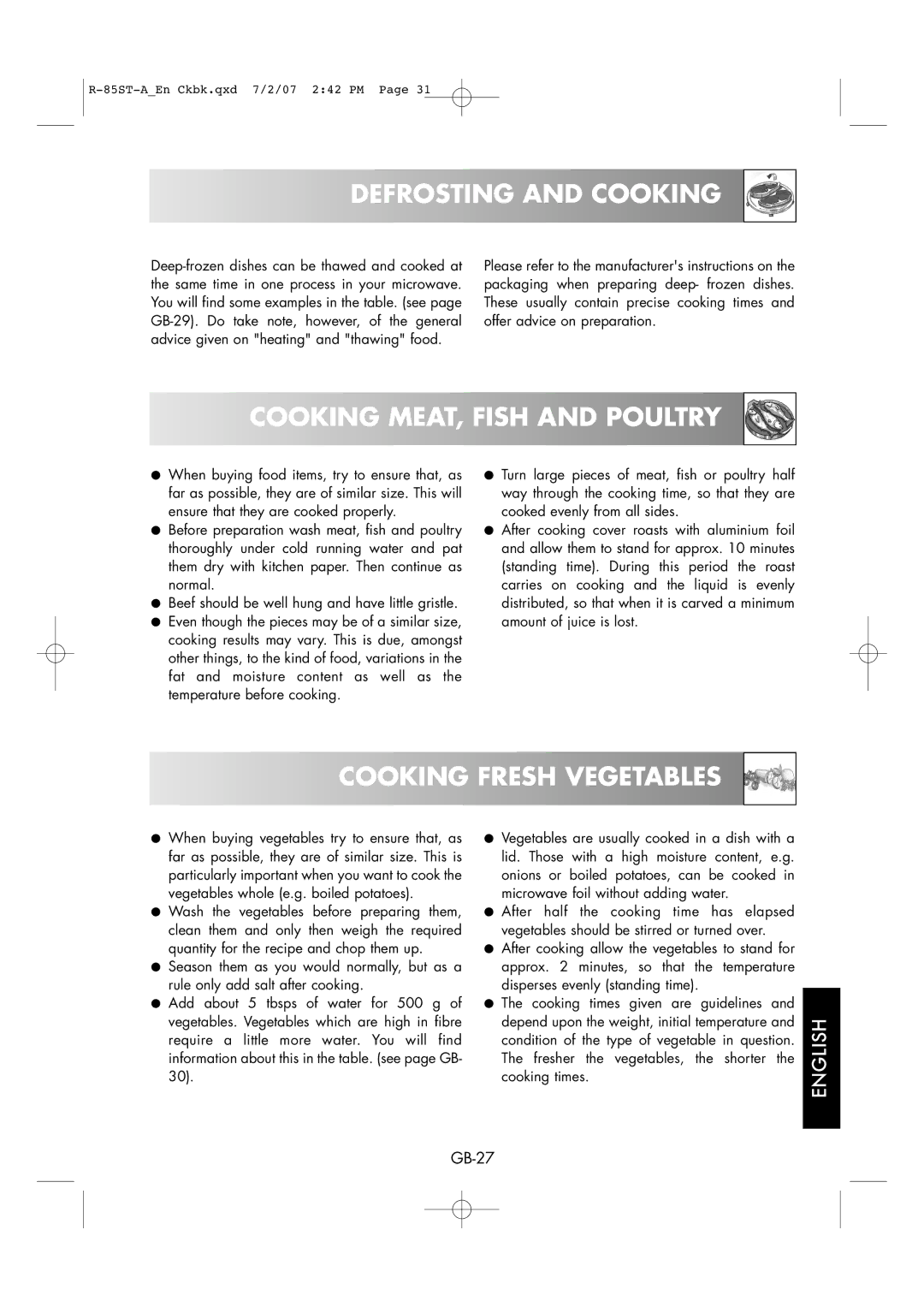 Sharp R-85ST-A operation manual Defrosting and Cooking, Cooking Fresh Vegetables 