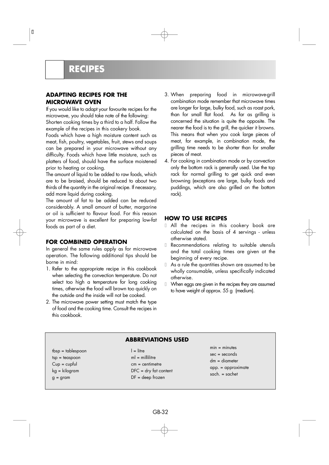 Sharp R-85ST-A Adapting Recipes for Microwave Oven, For Combined Operation, HOW to USE Recipes, Abbreviations Used 