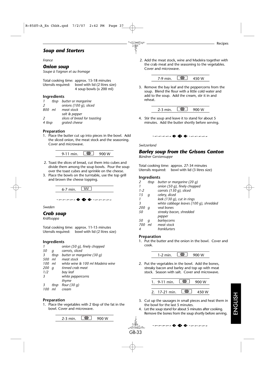 Sharp R-85ST-A operation manual Soup and Starters, Onion soup, Crab soup, Barley soup from the Grisons Canton 