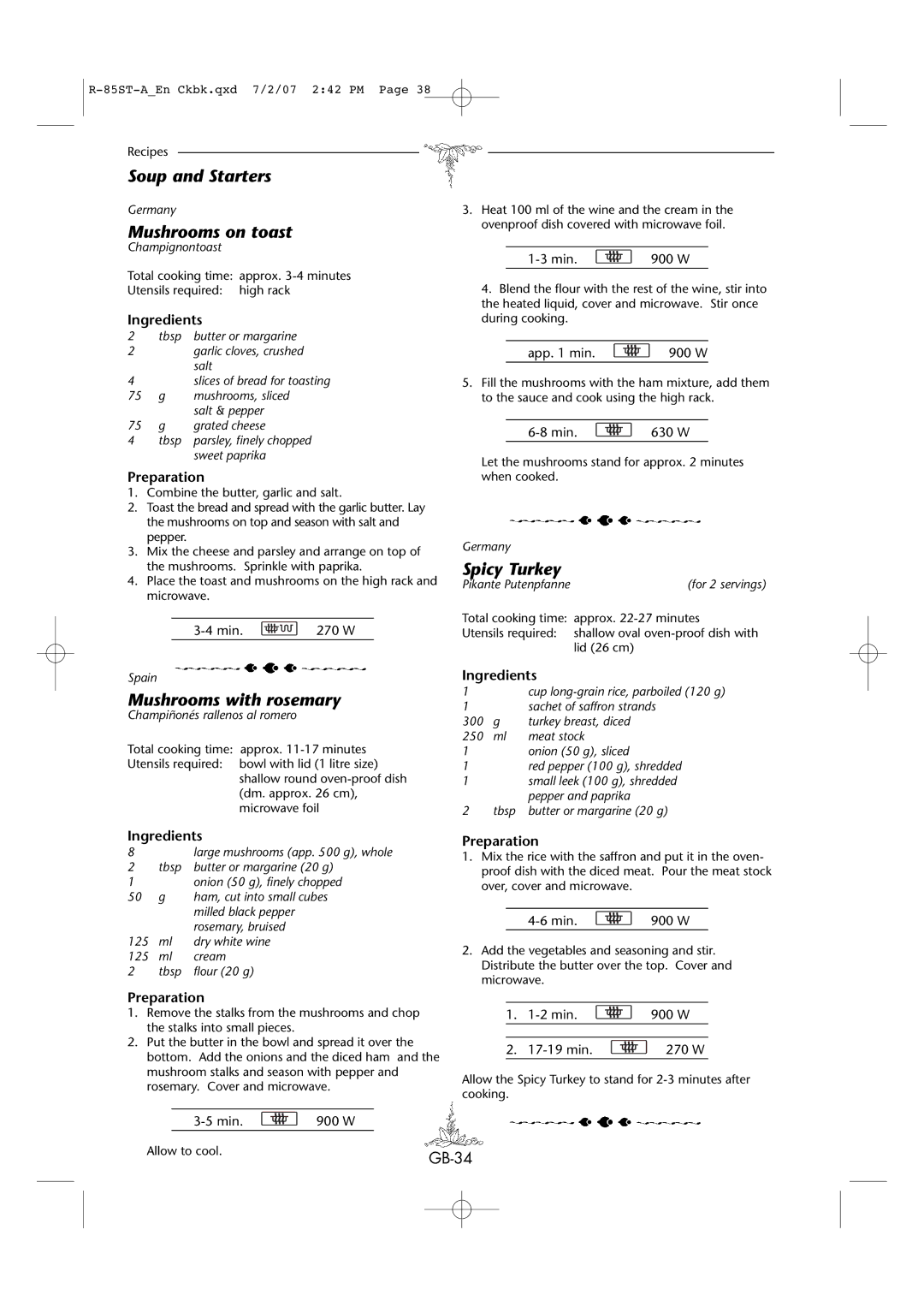 Sharp R-85ST-A operation manual Mushrooms on toast, Mushrooms with rosemary, Spicy Turkey 