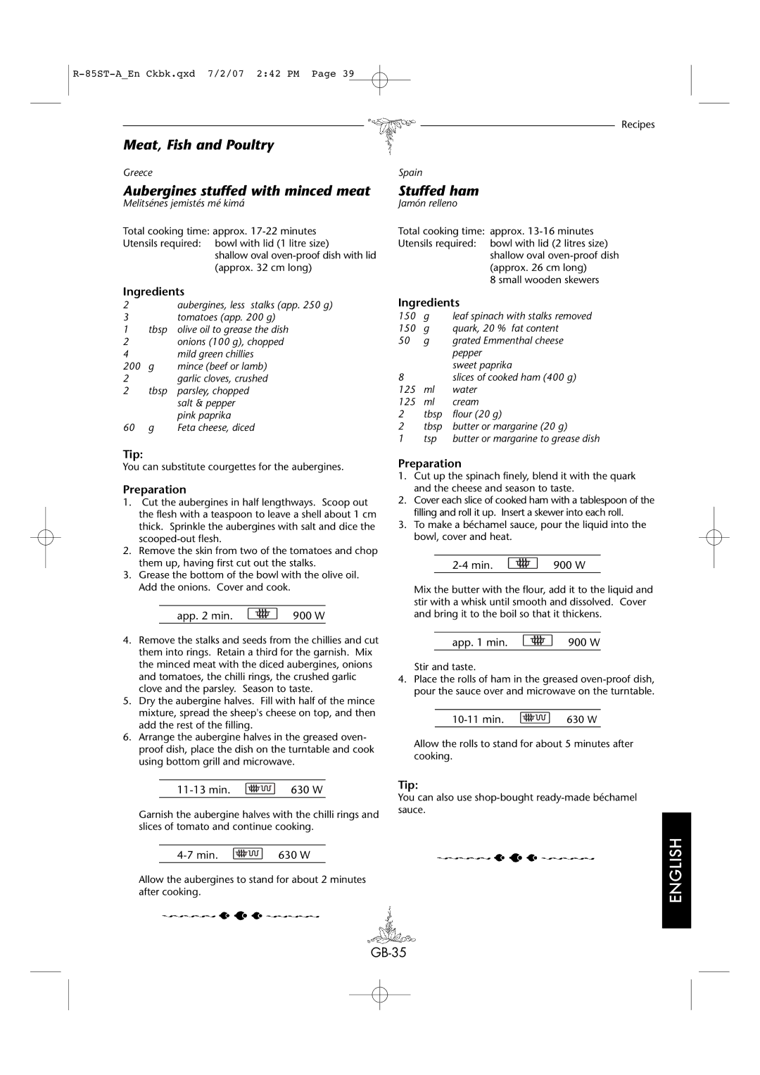 Sharp R-85ST-A operation manual Meat, Fish and Poultry, Aubergines stuffed with minced meat, Stuffed ham, Tip 