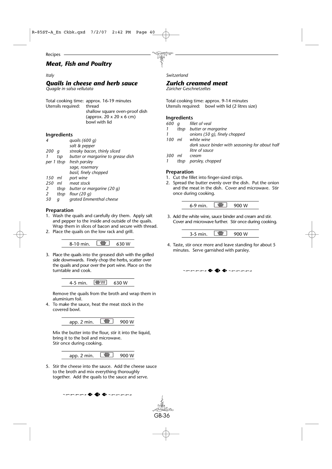 Sharp R-85ST-A operation manual Quails in cheese and herb sauce, Zurich creamed meat 